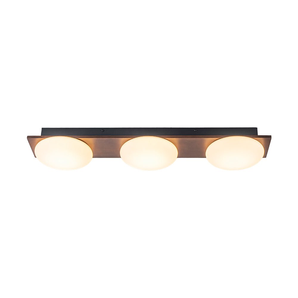Detalle de lámpara LED semi flush de techo con elegante grano de nogal rústico. Ideal para pasillo.