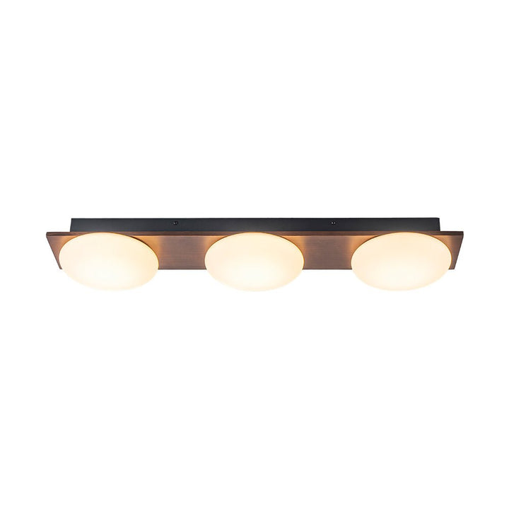 Detalle de lámpara LED semi flush de techo con elegante grano de nogal rústico. Ideal para pasillo.