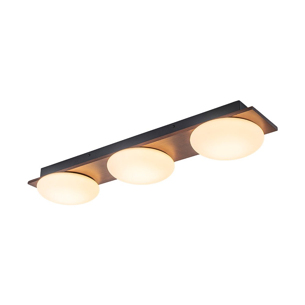 Lámpara LED de techo semi flush, diseño moderno con acentos rústicos de nogal. Eficiente para interiores.
