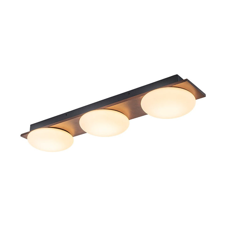 Lámpara LED de techo semi flush, diseño moderno con acentos rústicos de nogal. Eficiente para interiores.