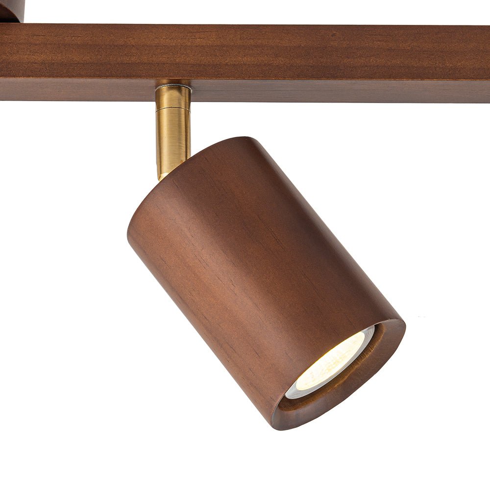 Iluminación de techo rústica, lineal, con focos giratorios GU10, madera oscura, luz direccional.