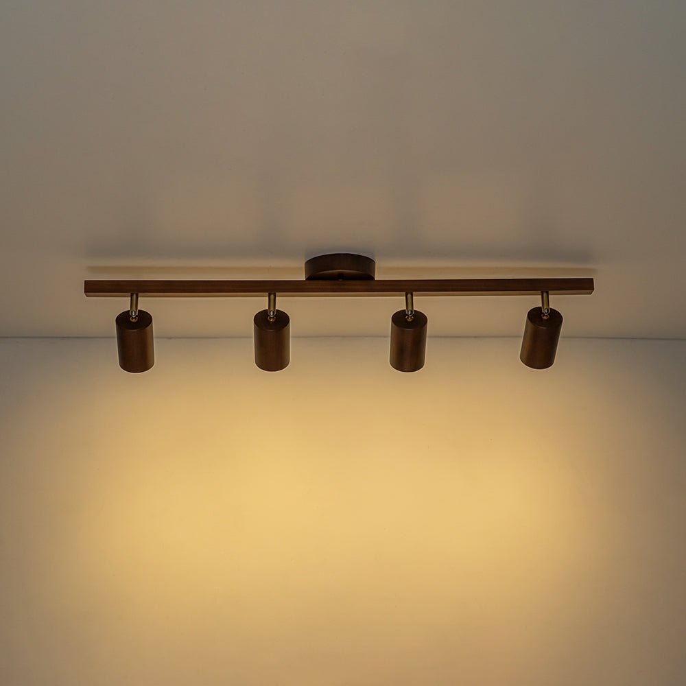 Focos de techo semi empotrados, lineal, estilo rústico, madera de nogal, luz direccional para hogar.