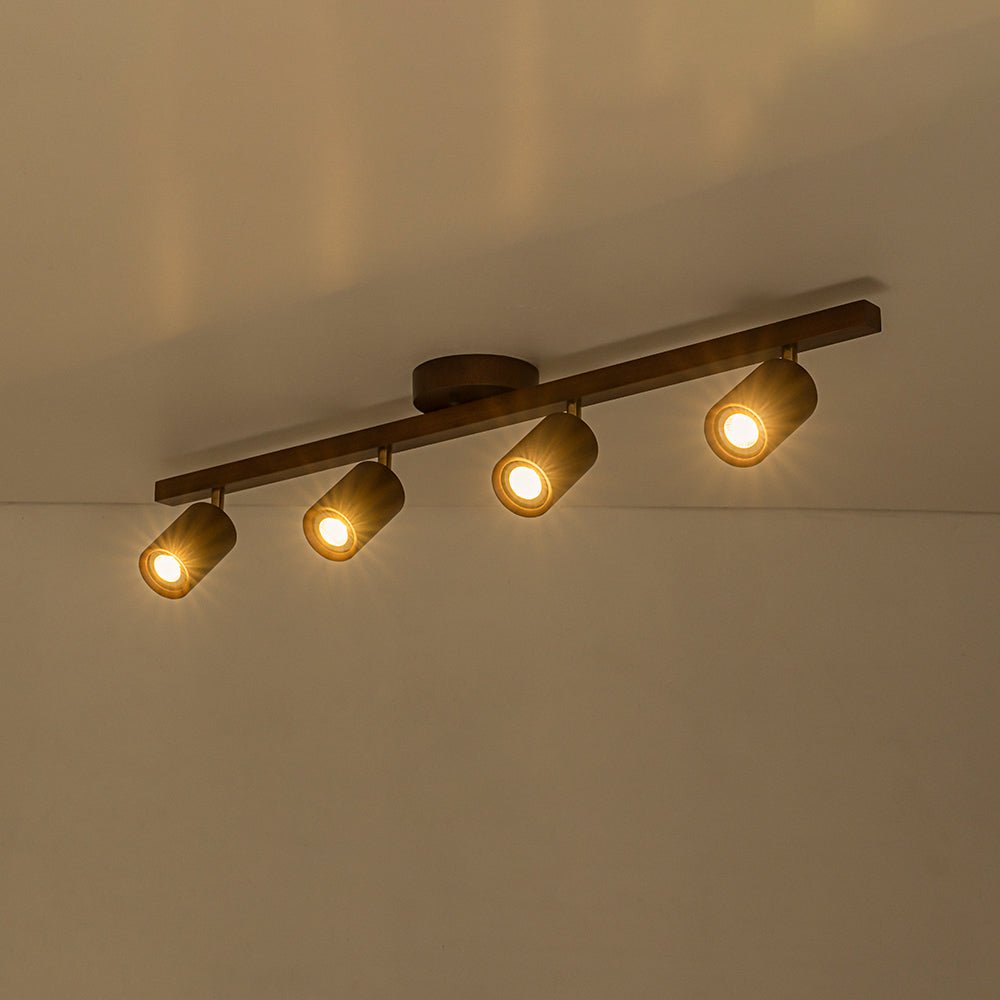 Iluminación de techo lineal, focos giratorios GU10, estilo granja, madera de nogal, luz hogar.
