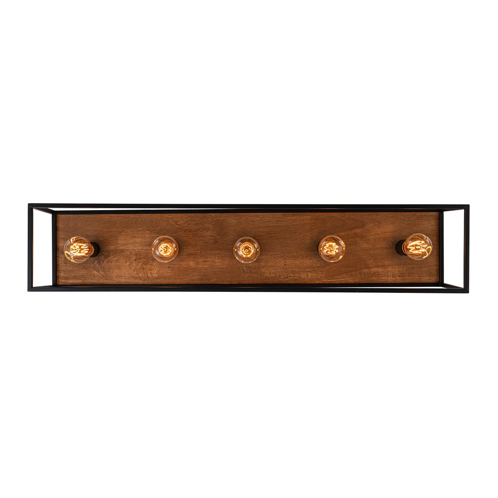 Plafón de techo granja de 5 luces, acabado negro mate y detalles de jaula rústica de madera.