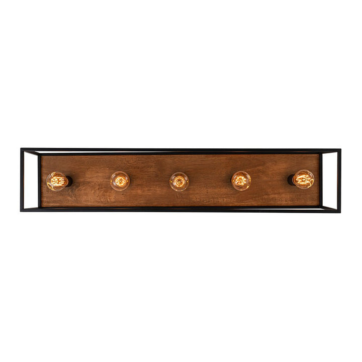 Plafón de techo granja de 5 luces, acabado negro mate y detalles de jaula rústica de madera.