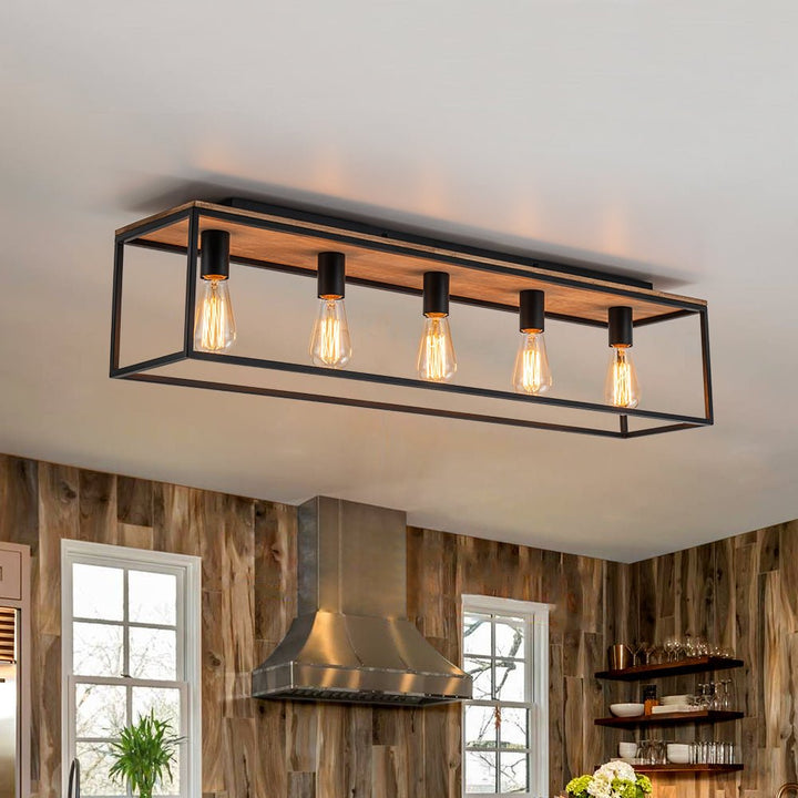 Luz de techo de granja negra con jaula de madera, 5 luces. Montaje de superficie rústico.