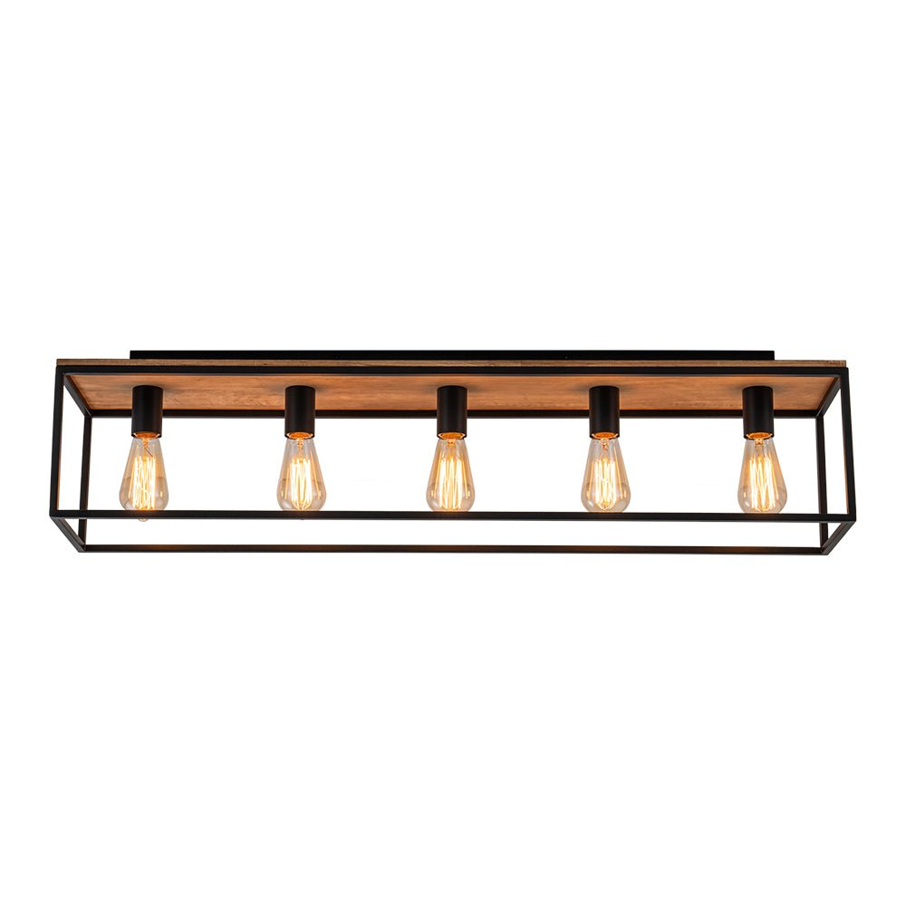 Plafón rústico negro de 5 luces con detalles de jaula de madera, ideal para ambientes de granja.