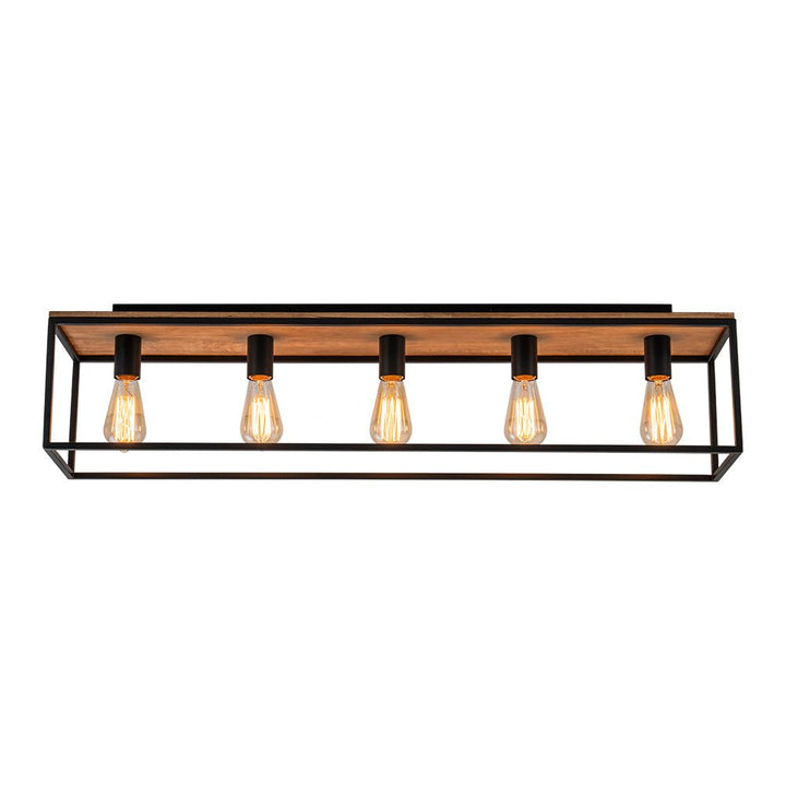 Plafón rústico negro de 5 luces con detalles de jaula de madera, ideal para ambientes de granja.