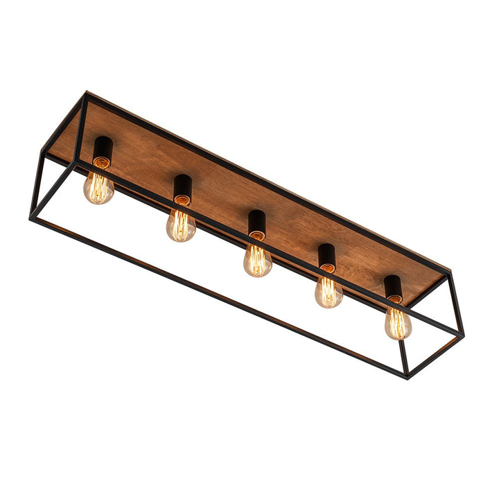 Lámpara de techo de granja, diseño industrial con jaula de madera oscura y 5 luces negras.