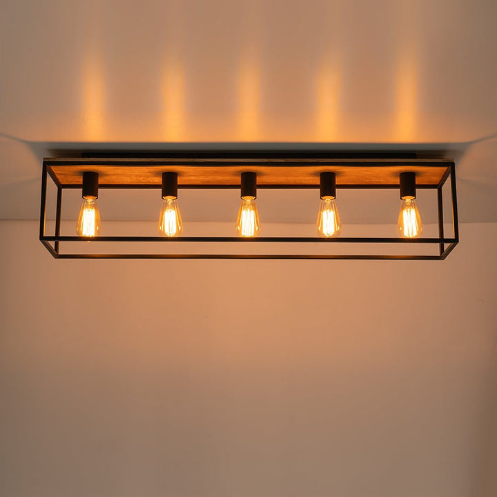 Luminaria de montaje superficie rústica, 5 luces negras con jaula de madera. Estilo granja.