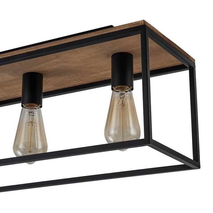 Luz de techo negra con jaula de madera, 5 bombillas. Perfecta para decoración de granja o rústica.
