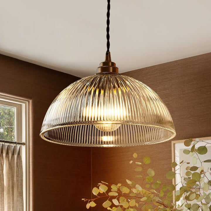 Lámpara colgante de vidrio ribeteado estilo industrial. Cúpula E27 para iluminación moderna de granja.