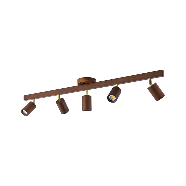 Lámpara de techo estilo granja, lineal, madera de nogal, focos rotables para luz direccional.