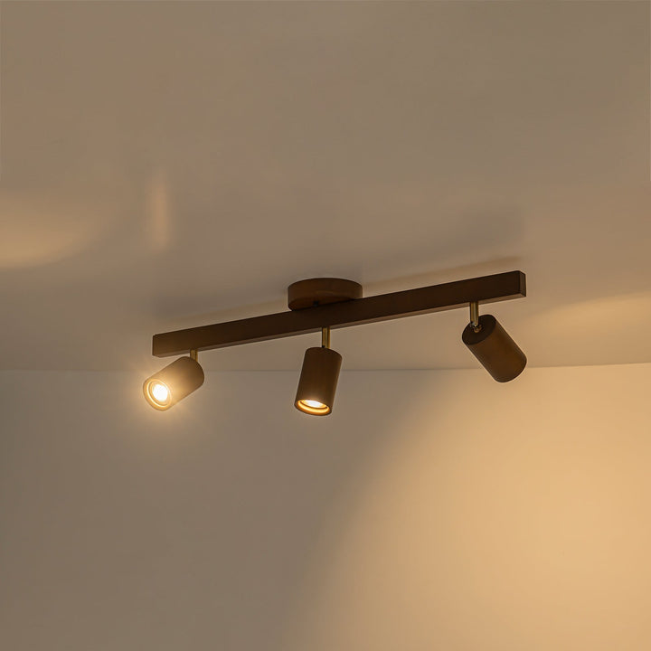 Iluminación lineal rústica para techo, focos giratorios de madera oscura, montaje semi empotrado.