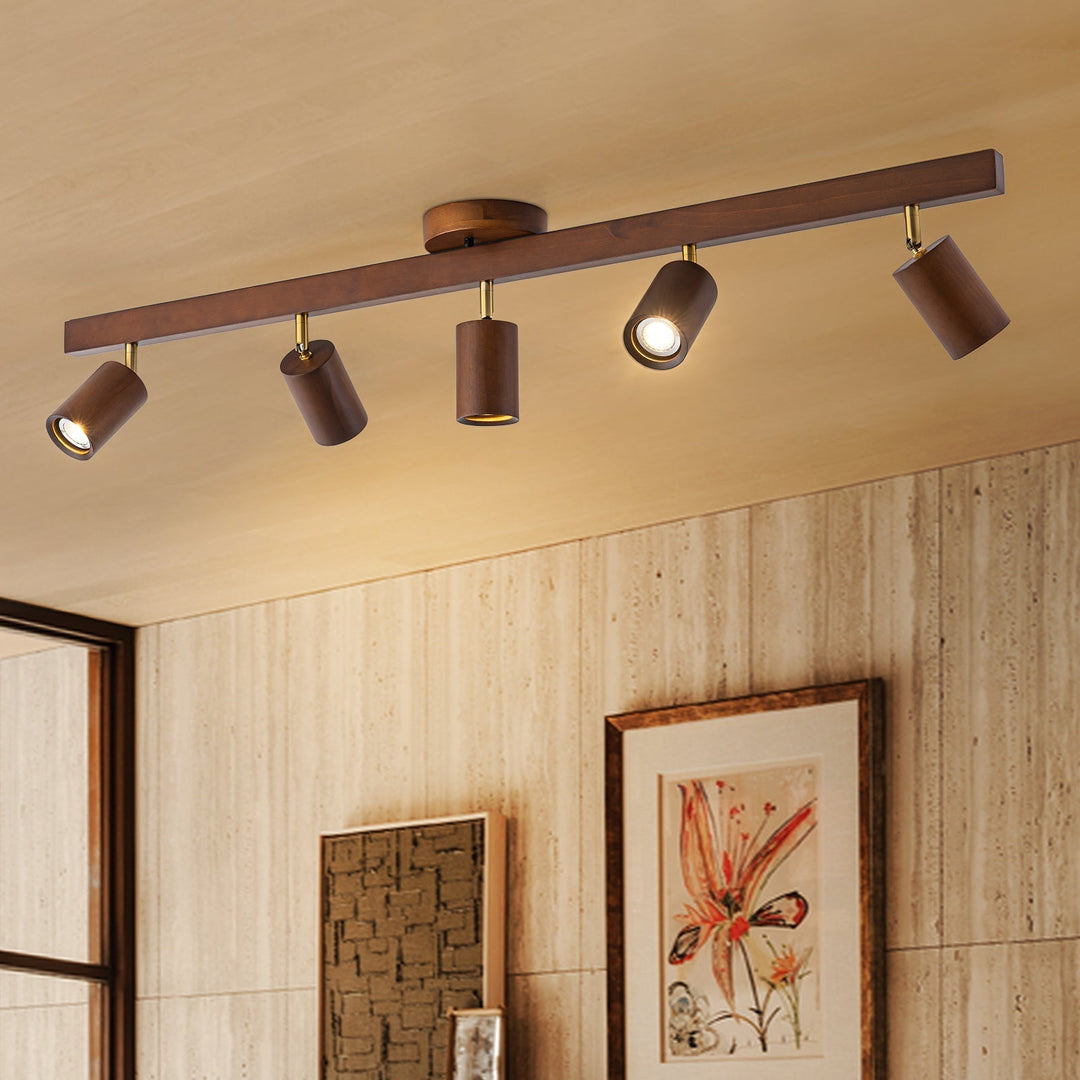 Focos de techo giratorios estilo granja, lámpara lineal de nogal, montaje semi empotrado, luz interior.
