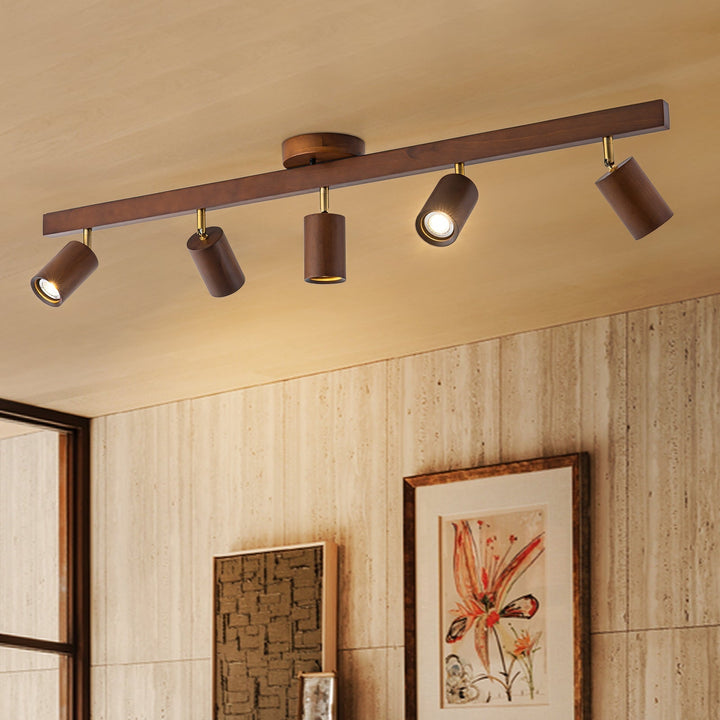 Focos de techo giratorios estilo granja, lámpara lineal de nogal, montaje semi empotrado, luz interior.