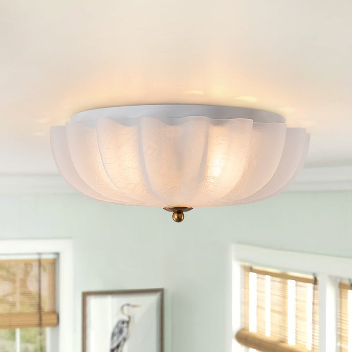 Lámpara de techo semi empotrada floral francesa, 3 luces, vidrio agrietado. Estilo campestre romántico.