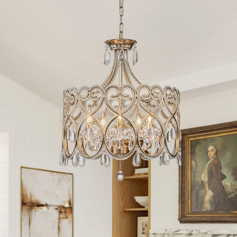 Elegante candelabro tambor vintage francés de 5 luces con cristal, iluminación de lujo para el hogar.