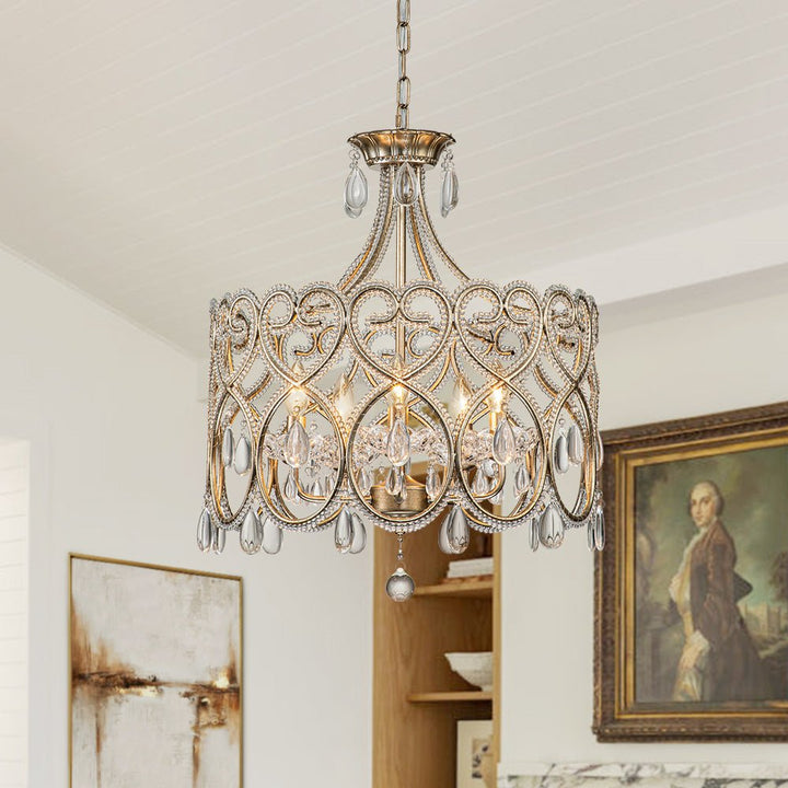 Elegante candelabro tambor vintage francés de 5 luces con cristal, iluminación de lujo para el hogar.