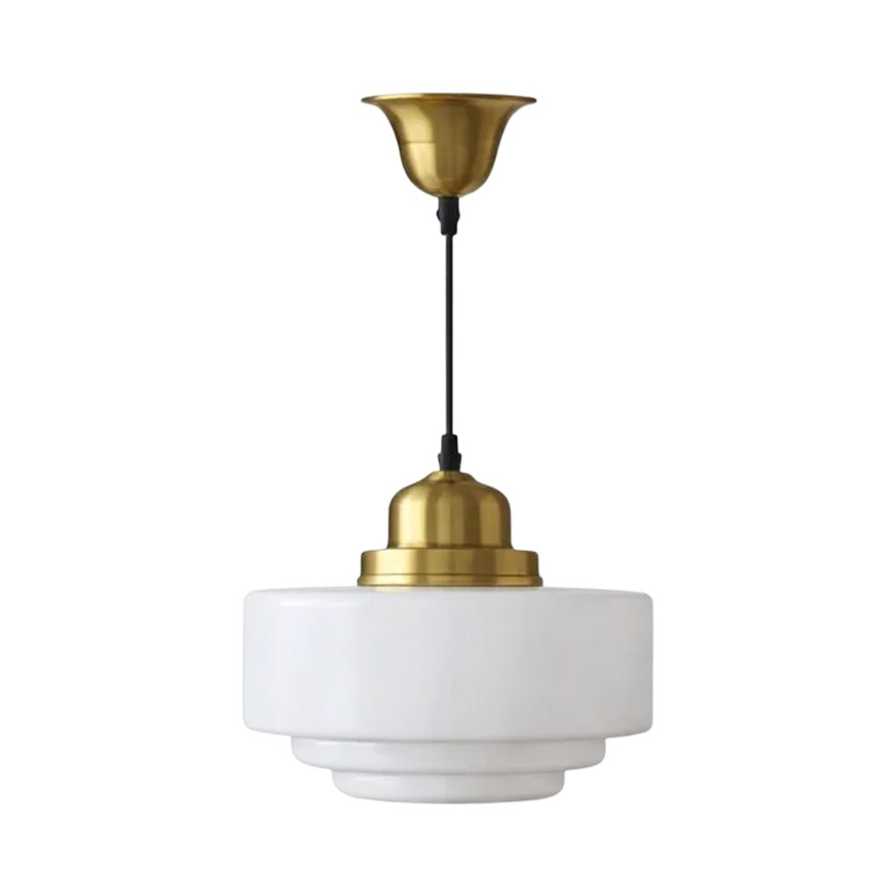 Colgante moderno-vintage con vidrio blanco lechoso, ideal para sala de estar o dormitorio.