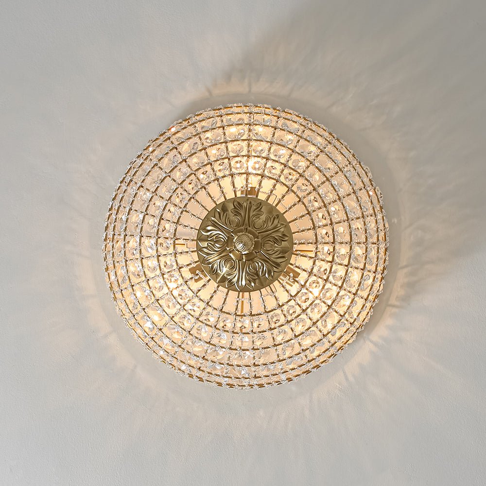 Aplique de techo empotrado vintage francés de cristal, 3 luces. Crea ambiente luminoso y de lujo.