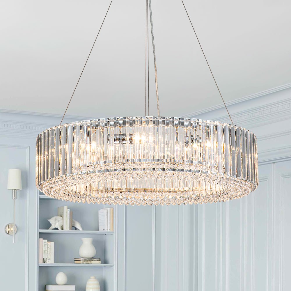 Lámpara colgante redonda de lujo con múltiples cristales, iluminación decorativa para hogar.