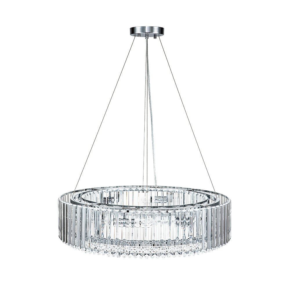 Elegante candelabro redondo de cristal, ideal para techos altos, crea un ambiente lujoso.