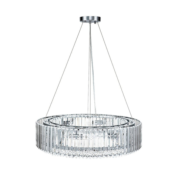 Elegante candelabro redondo de cristal, ideal para techos altos, crea un ambiente lujoso.