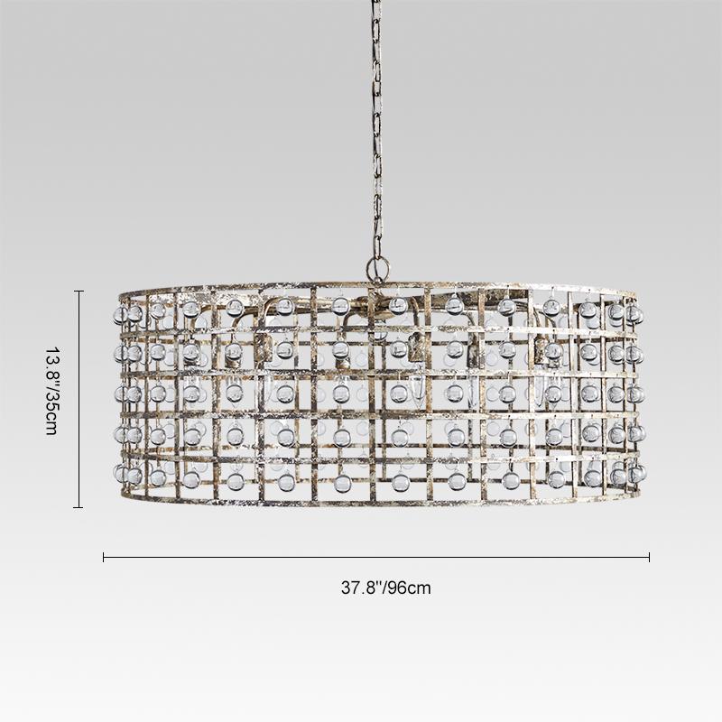 Lámpara de techo candelabro vintage, cristal facetado y metal plata, diseño tambor industrial.