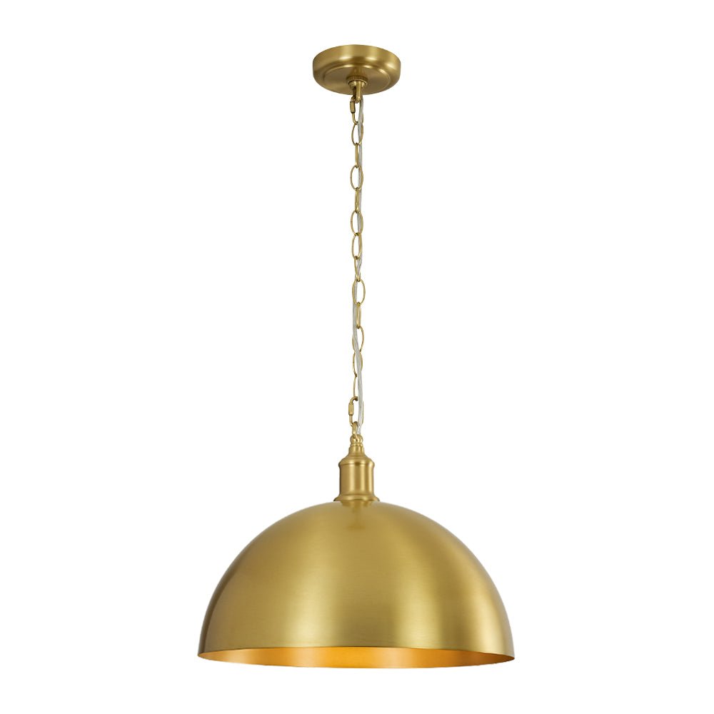Lámpara colgante dorada industrial, con cúpula. Aporta estilo moderno a la iluminación de tu hogar.