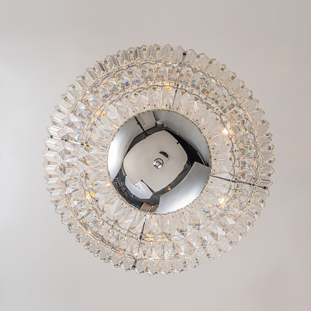 Lámpara colgante de cristal glam, araña tipo globo cromada de 6 luces. Iluminación decorativa lujosa.
