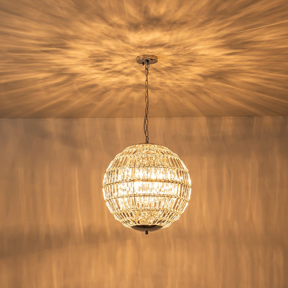 Araña de cristal elegante con 6 luces, diseño globo colgante. Ideal para sala de estar o entrada.