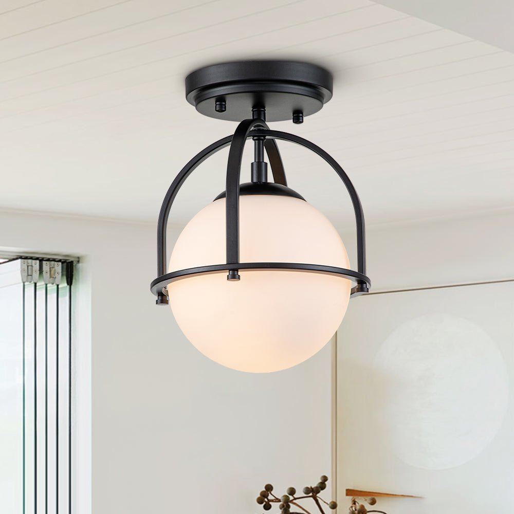 Lámpara moderna de techo, diseño semi empotrado con 1 luz y globo de vidrio, perfecta para decoración hogar.