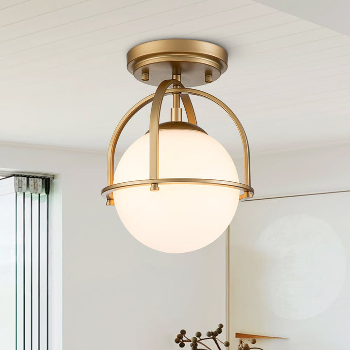Lámpara de techo semi empotrada mid-century con globo de vidrio, ideal para iluminación moderna del hogar.