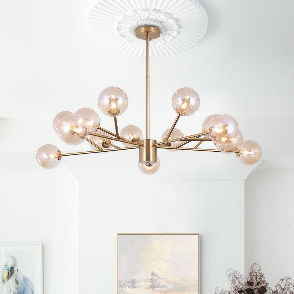 Candelabro de metal ajustable, diseño burbuja Sputnik con 15 esferas de cristal. Ilumina con estilo.
