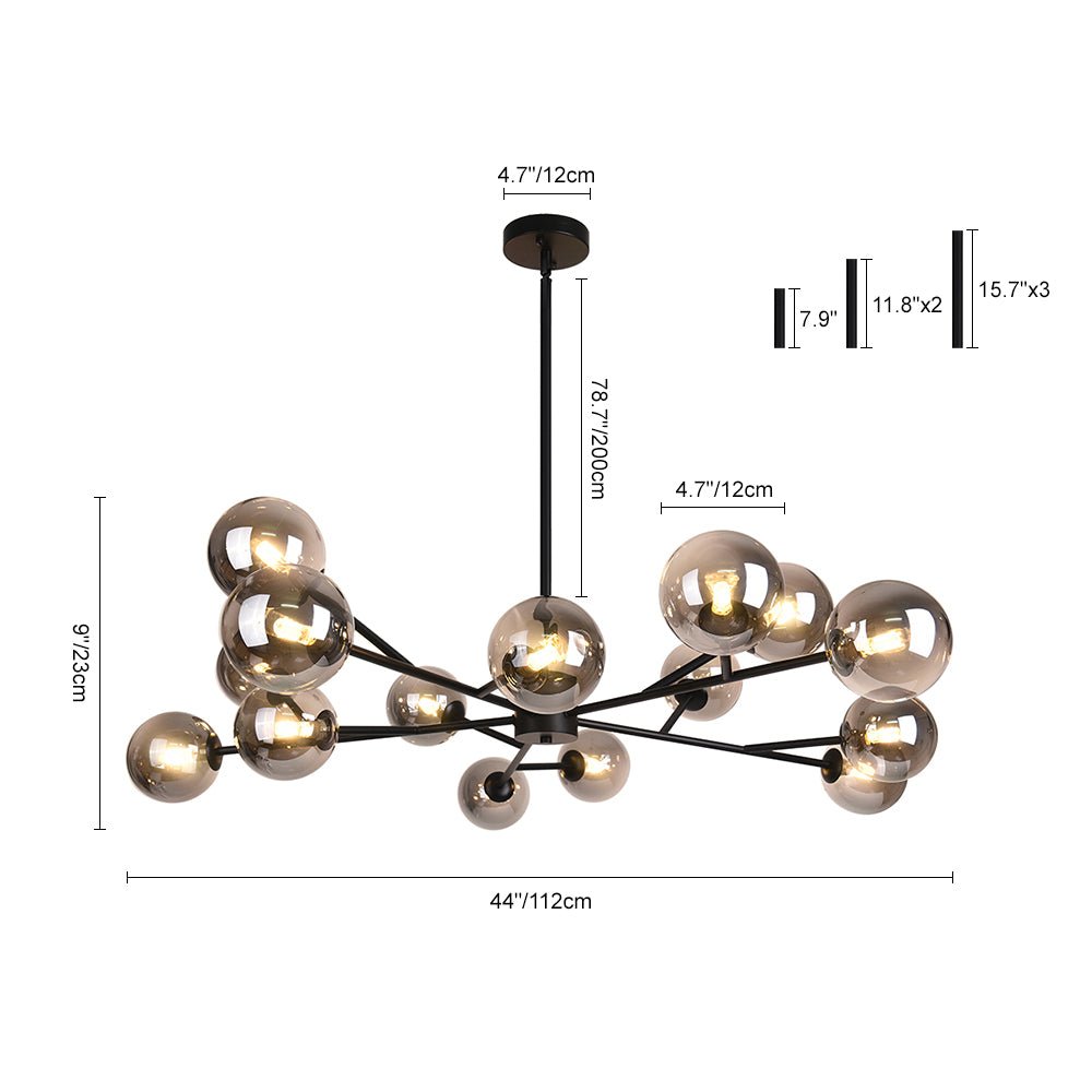 Moderno candelabro de 15 luces, diseño burbuja Sputnik en cristal y metal. Ideal para el hogar.