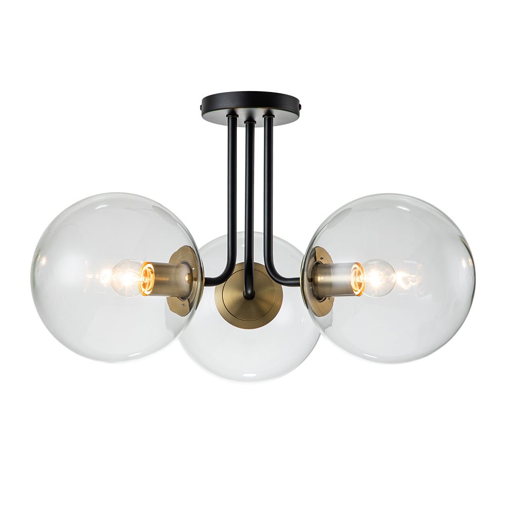 Lámpara techo sputnik 3 luces, vidrio transparente, estilo mid-century, para comedor o salón.