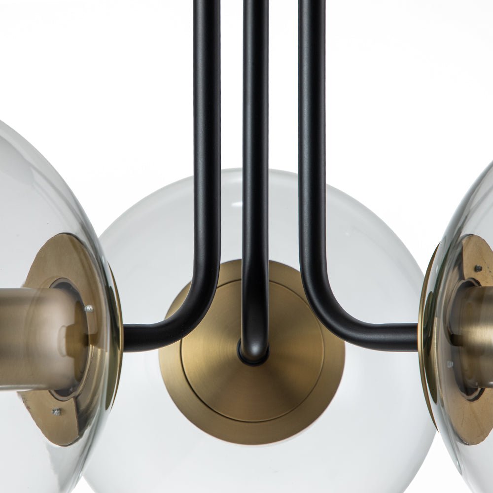 Iluminación decorativa: Lámpara de techo sputnik, 3 luces de vidrio transparente, estilo mid-century chic.