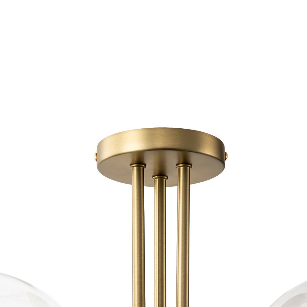 Lámpara de techo sputnik moderna, montaje semi empotrado, 3 luces con vidrio transparente.