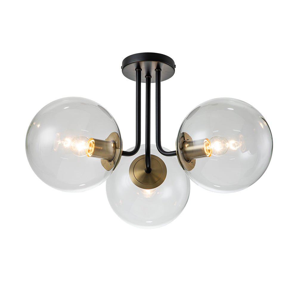 Montaje semi empotrado: Lámpara de techo moderna con 3 globos de vidrio transparente, iluminación.