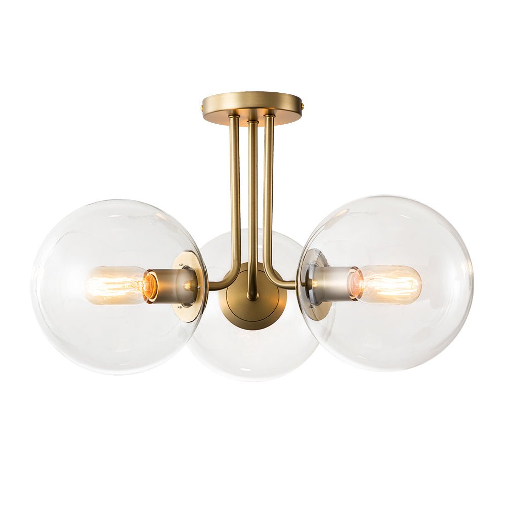 Lámpara de techo estilo sputnik mid-century con 3 globos de vidrio transparente. Elegancia moderna.