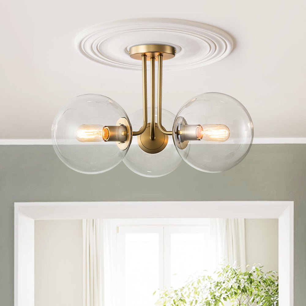 Lámpara de techo Sputnik mid-century con 3 luces de vidrio transparente, ideal para decoración moderna.