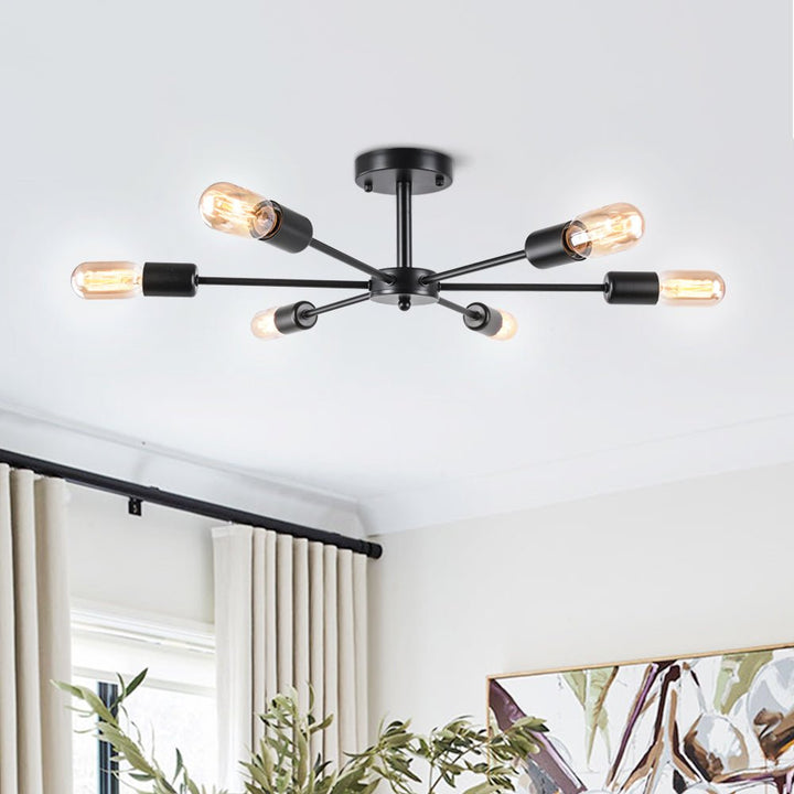 Elegante luz de techo Sputnik moderna de metal con 6 bombillas, ideal para entrada.