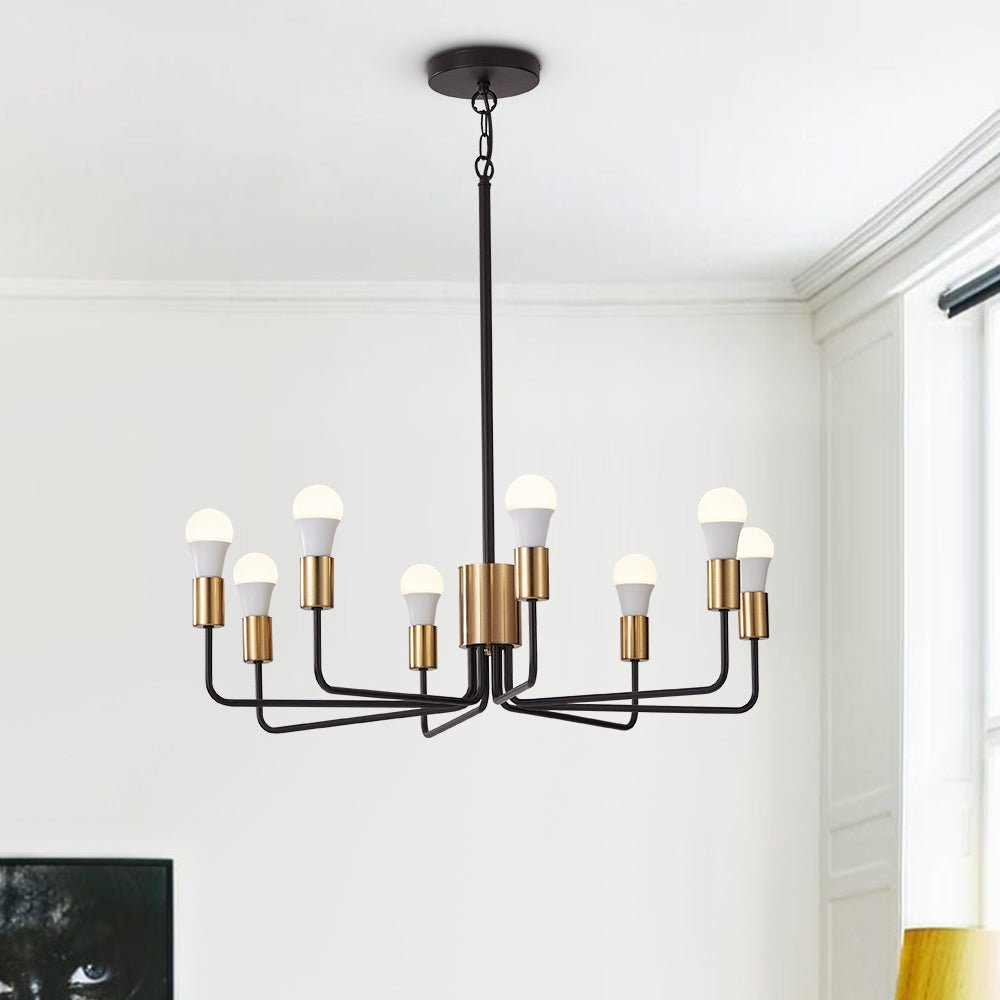 Araña Sputnik de metal negro y dorado, con 8 luces. Diseño elegante para iluminación de techo moderna.