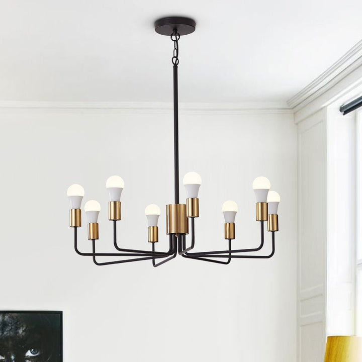 Araña Sputnik de metal negro y dorado, con 8 luces. Diseño elegante para iluminación de techo moderna.