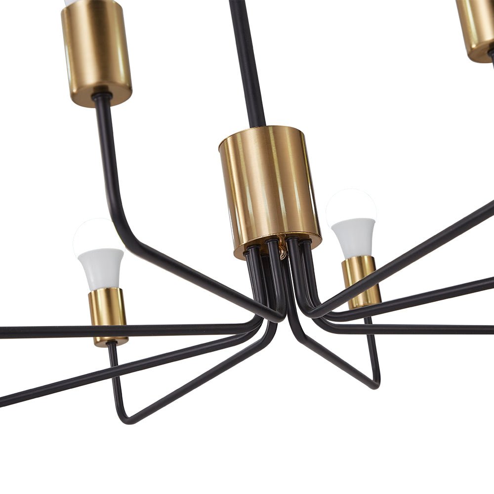 Araña Sputnik dorada y negra con 8 puntos de luz. Candelabro de metal, estilo mediados de siglo para techo.