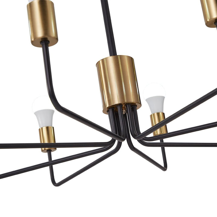 Araña Sputnik dorada y negra con 8 puntos de luz. Candelabro de metal, estilo mediados de siglo para techo.