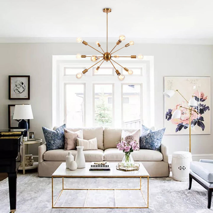 Lámpara decorativa Sputnik negra, 12 luces, ideal para crear ambiente en un comedor moderno.