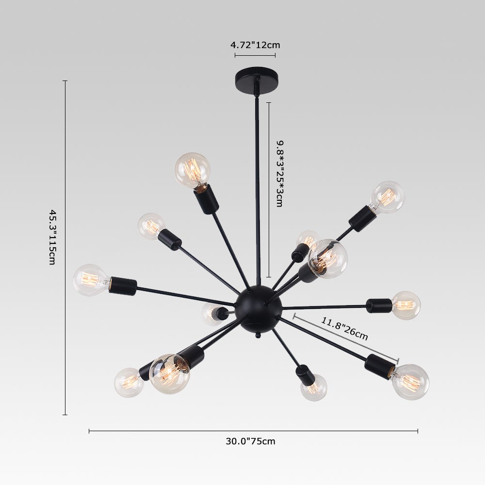 Candelabro Sputnik negro mate, 12 bombillas E27, aporta un toque elegante a su salón.