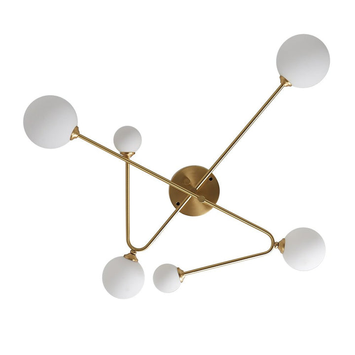 Sputnik lineal 6 luces para techo, semi flush mount. Diseño Mid-Century, pantallas de vidrio y estructura metálica.